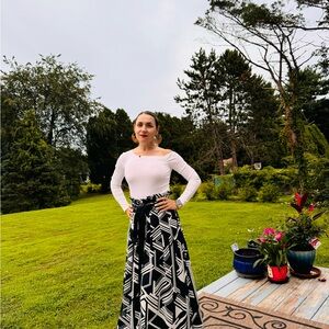 Gracia Black and White Maxi A-Line Skirt with Tie Front